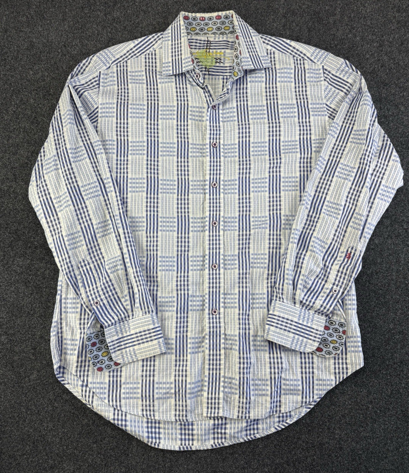 Robert Graham Geo Check Long Sleeve Shirt Blue White Pattern Size Large