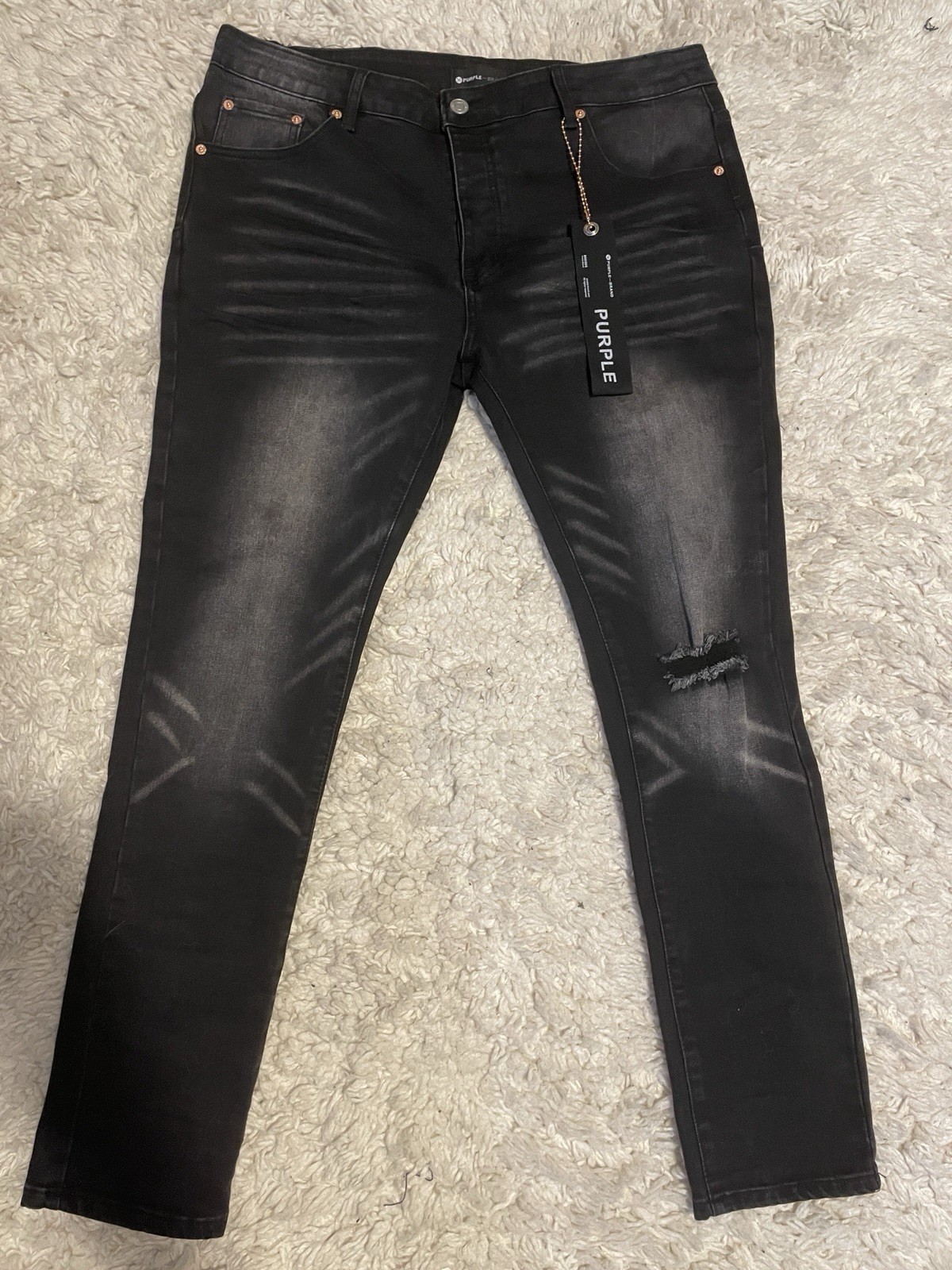 PURPLE Men’s Black Dark Wash Distressed Slim Skinny Denim Jeans Size 38