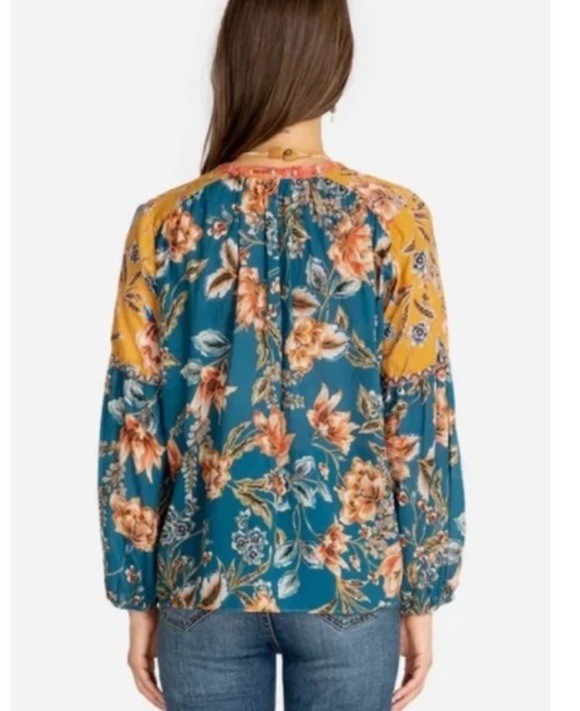 Johnny Was Effortless Peasant Blouse 100% Cotton Mustard Floral Multi Top L/XL