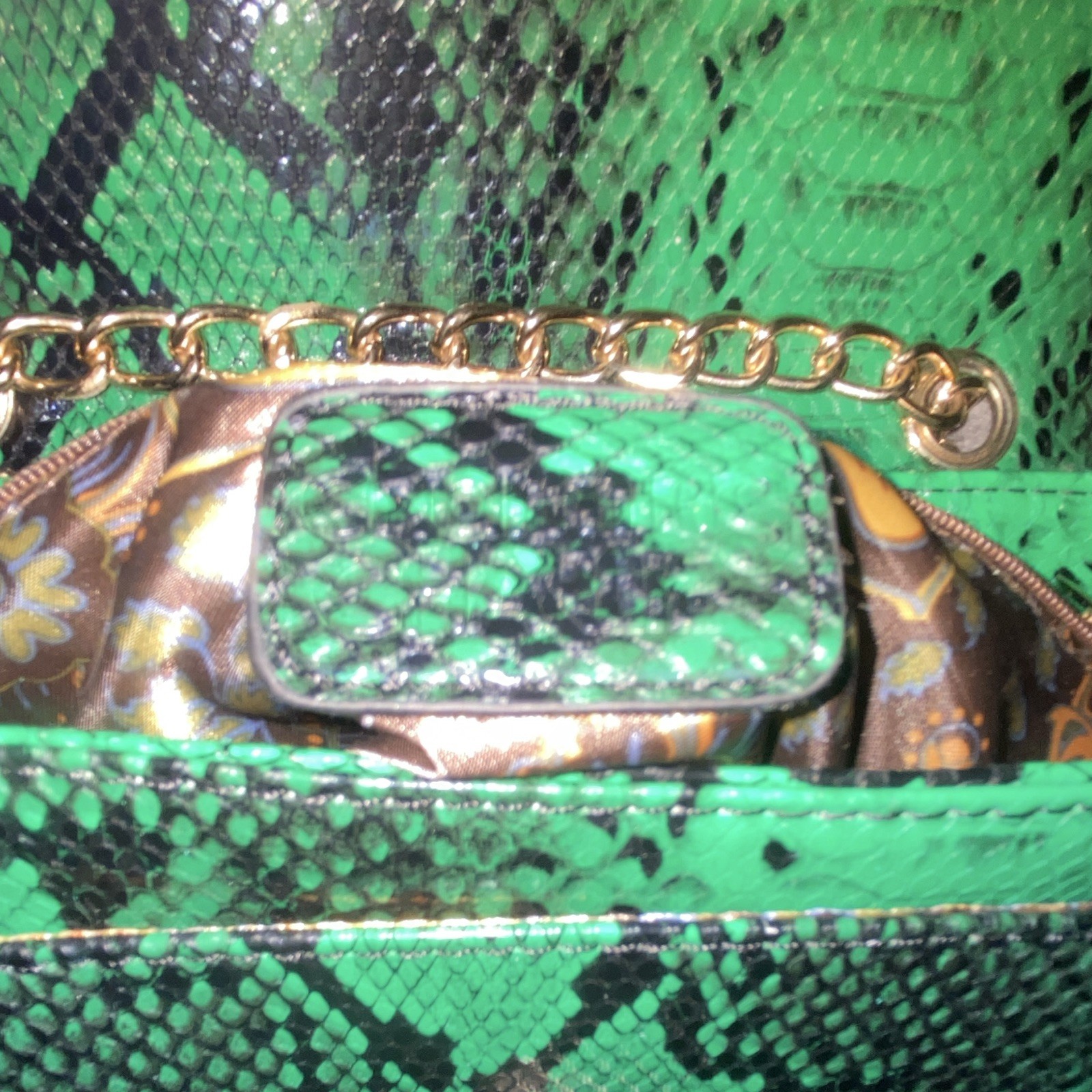 Charming Charlie Green/Black Snake Animal Print Shoulder Bag Gold Chain