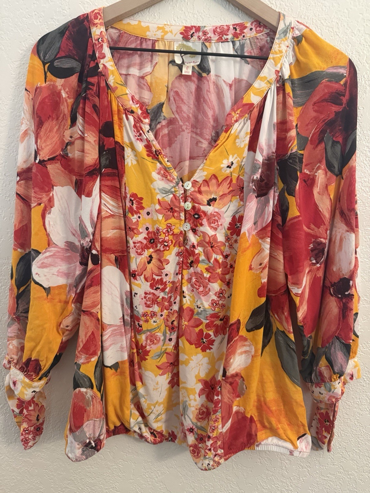 Anthropologie Fig & Flower Vibrant Flower 3/4 Sleeve Woman’s Blouse Size Large
