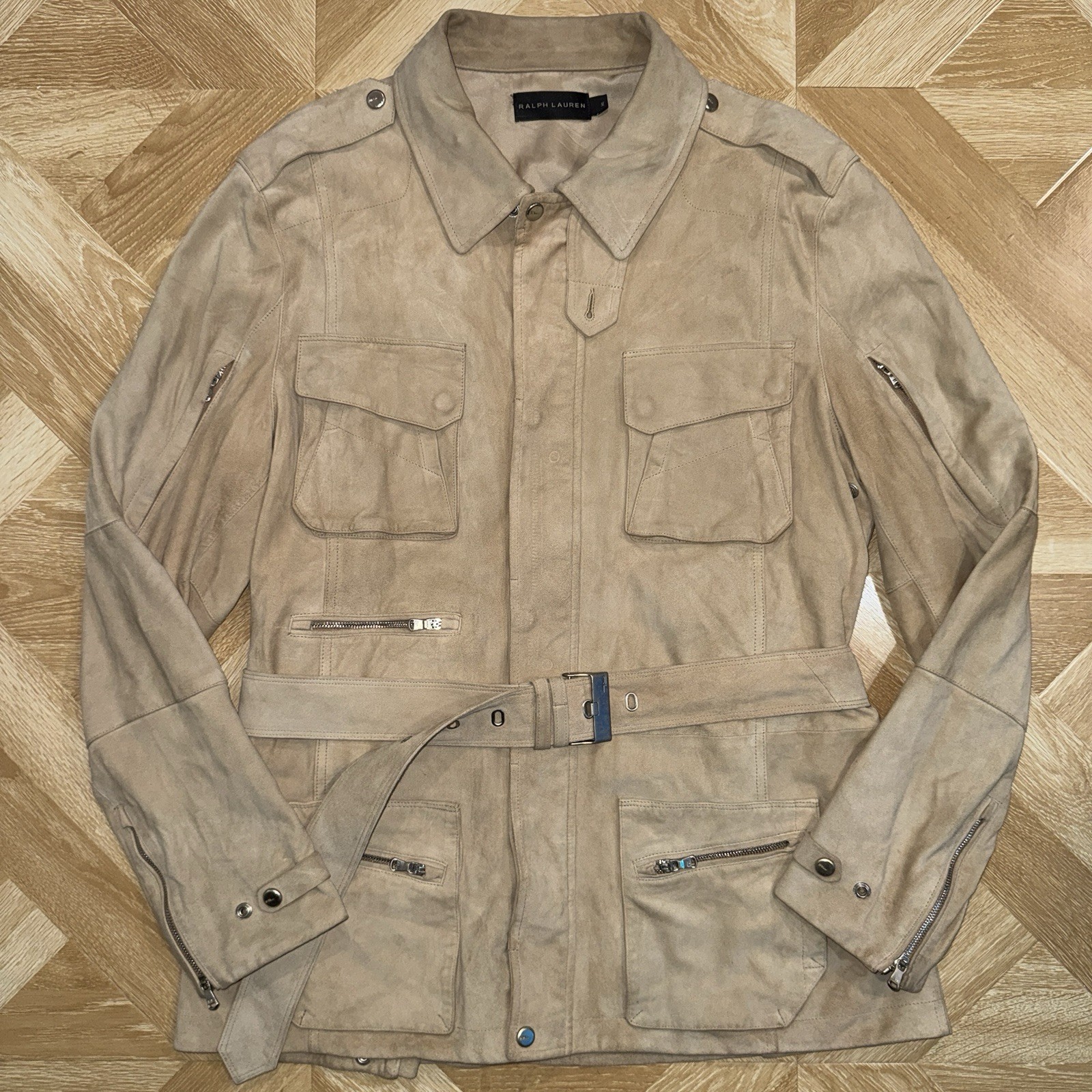 Ralph Lauren Black Label Military Utility Suede Leather Belted Jacket Coat XL