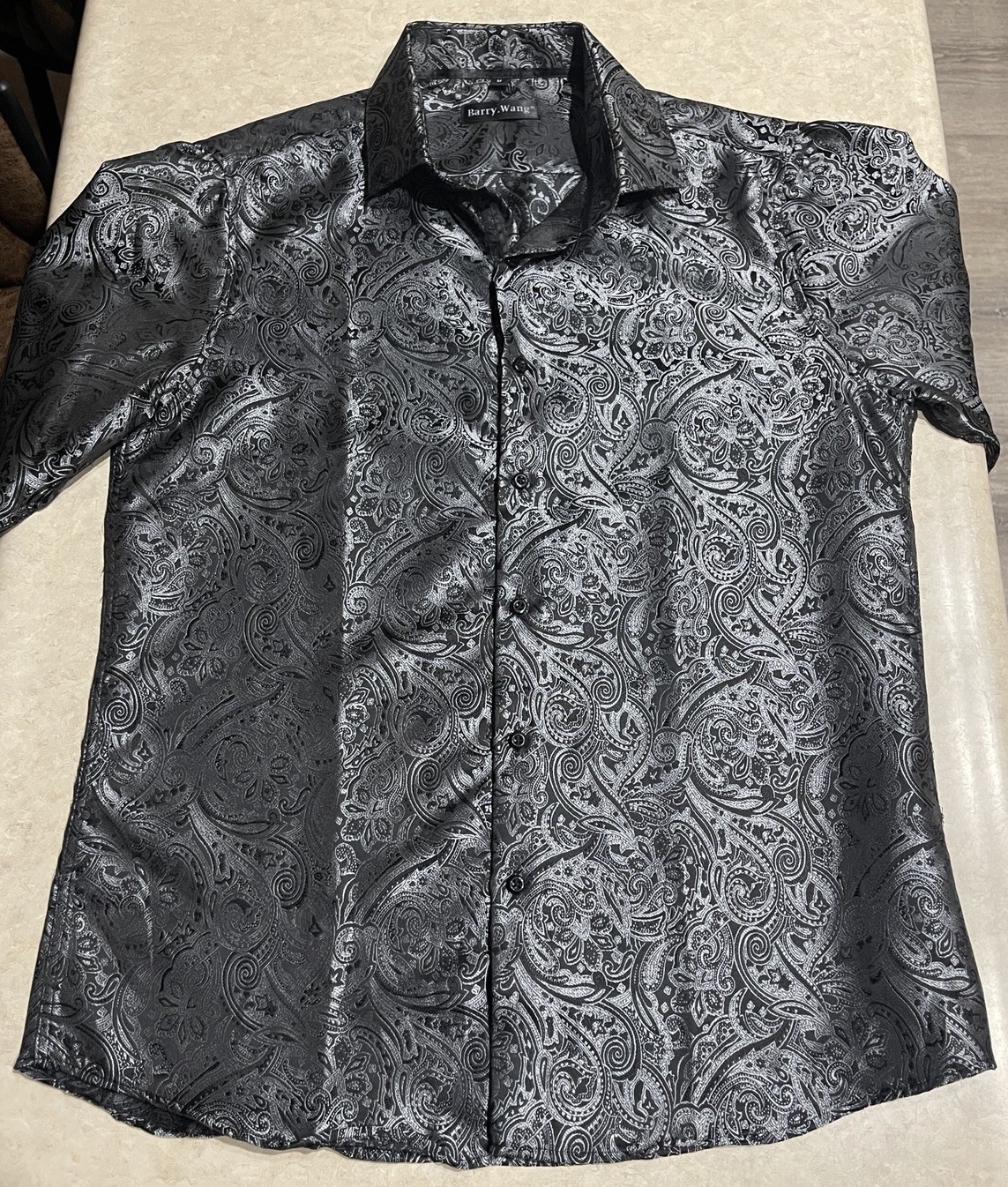 Barry Wang Men’s Black & Gray Paisley Silk Button Down Front Dress Shirt Sz M