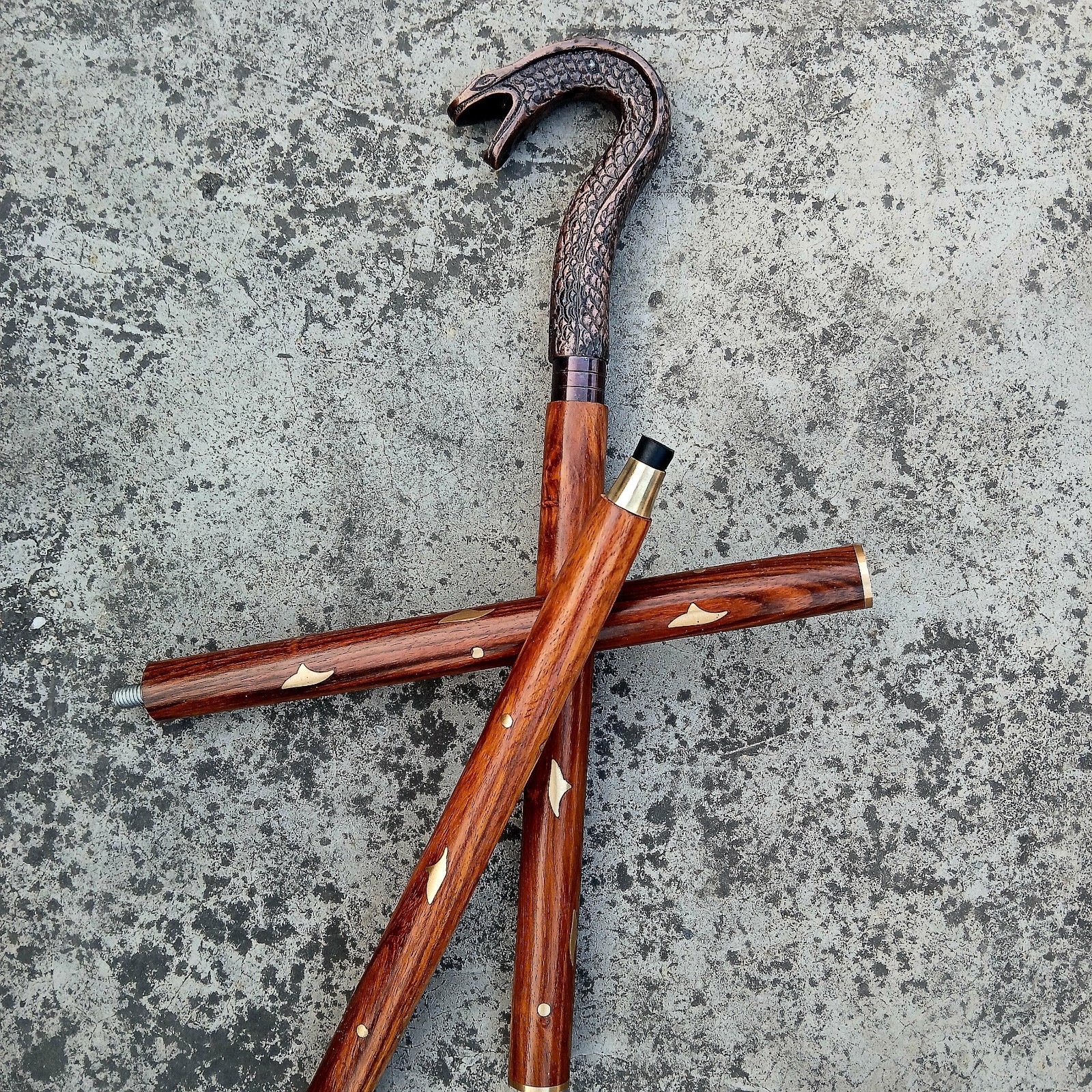Antique Vintage Brass Snake Head Walking Stick: Decorative Wooden Cane