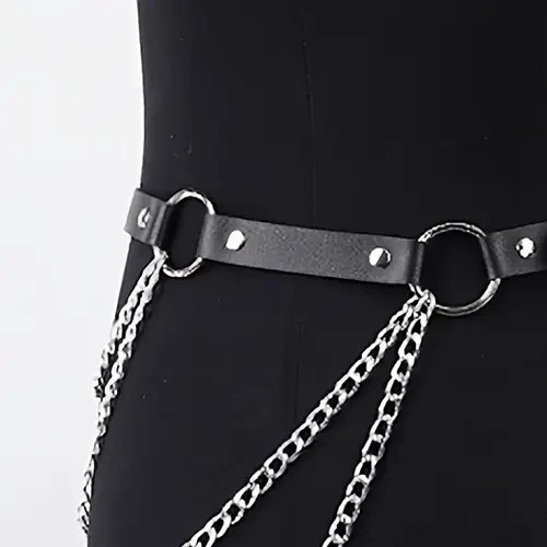 Women PU Leather O-Ring Restraint Strap Draped Harness Belt Chain Waist to32 in