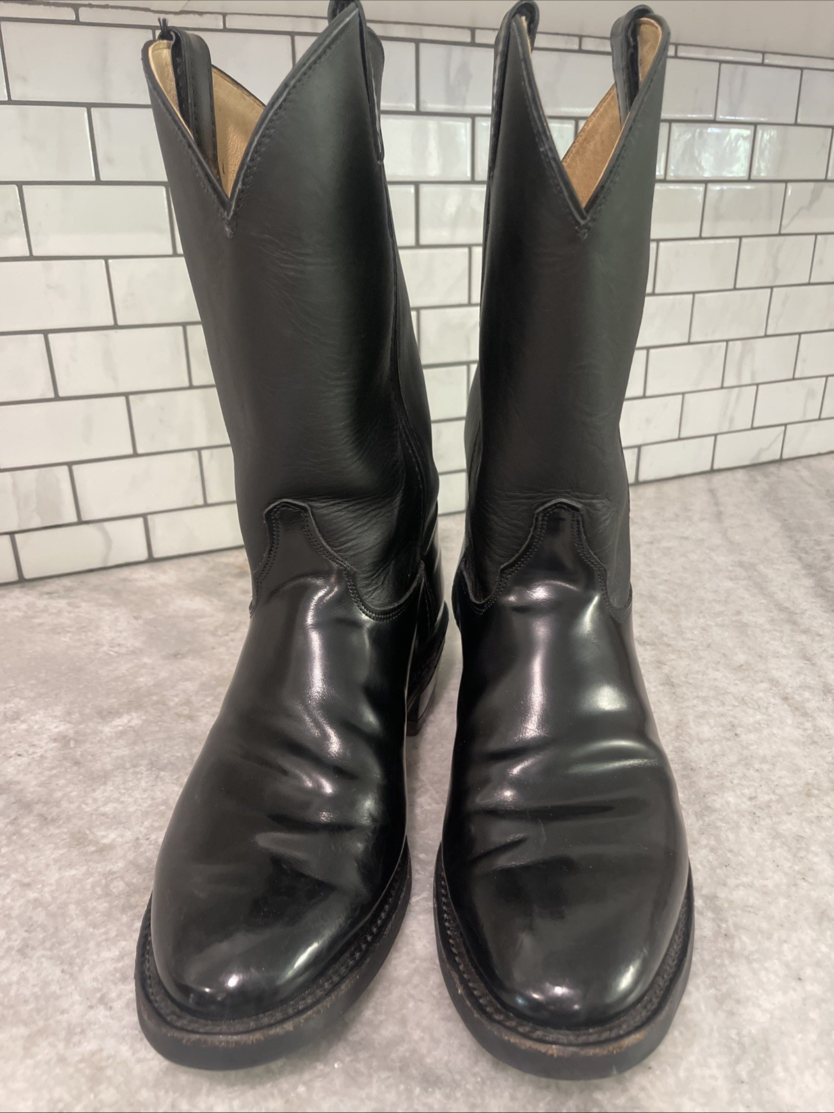 Justin Boots Mens Size 12 Black Leather Roper Western Cowboy Made USA Z2650