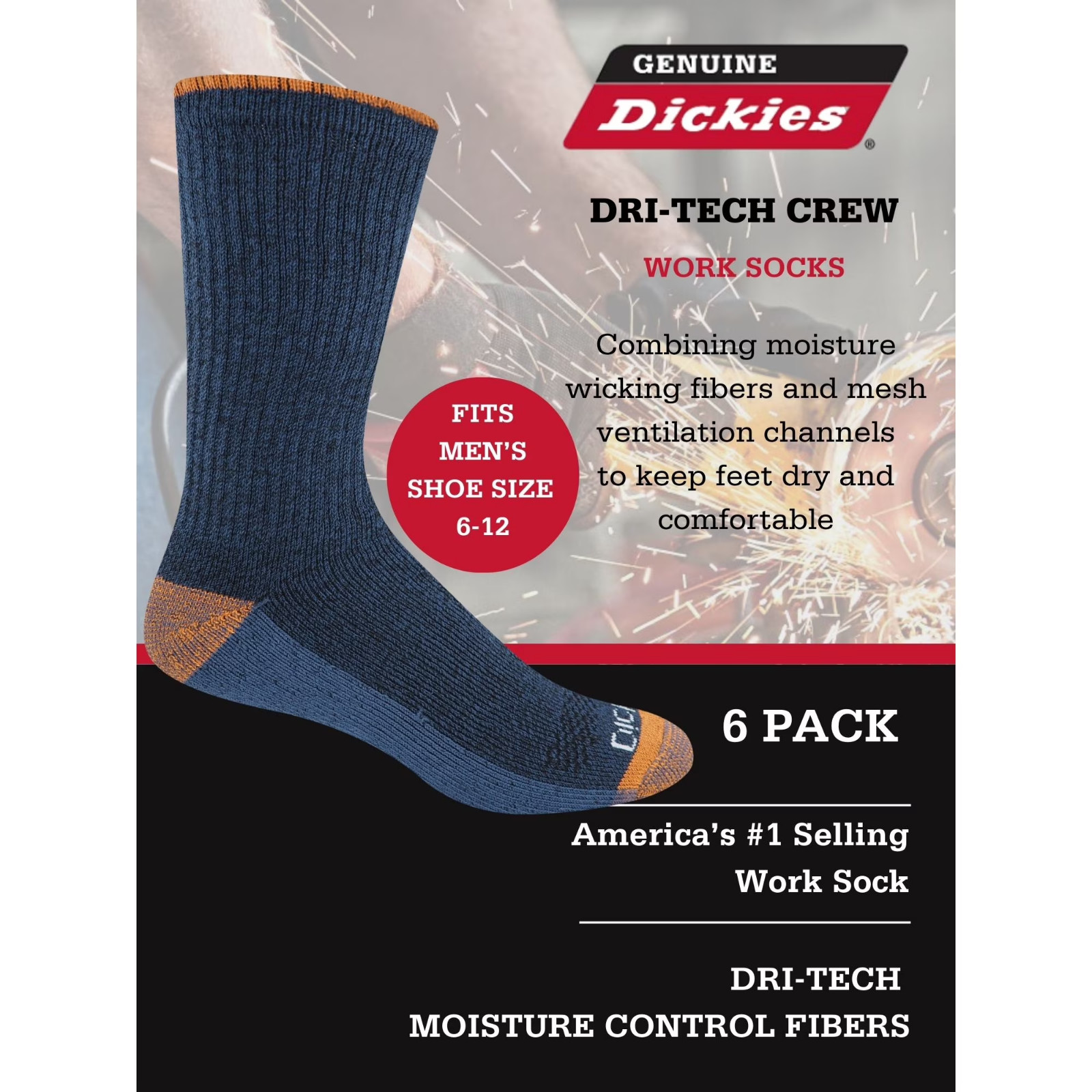 6 Pack Genuine Dickies Mens Dritech Crew Socks Moisture Control Black Size 6-12