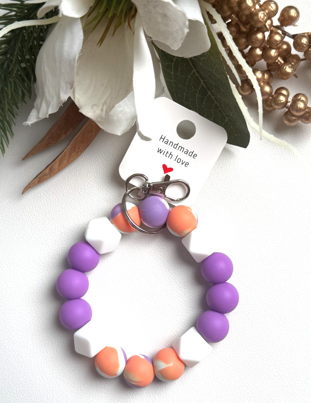 Silicone Beaded Keychain Wristlet Bracelet Purple Swirl