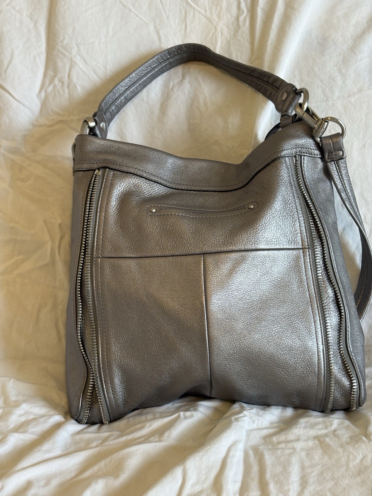 B Makowsky Large Metallic Silver Shoulder Leather Shoulder Bag