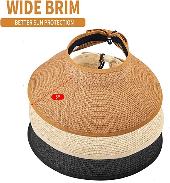 Womens Summer Foldable Straw Sun Visor Hat Roll Up Wide Brim Topless Outdoor Cap
