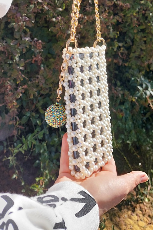 Handmade Pearl Beaded Cell Phone Bag with Gold Chain, Mobile Phone Bag Crossbody