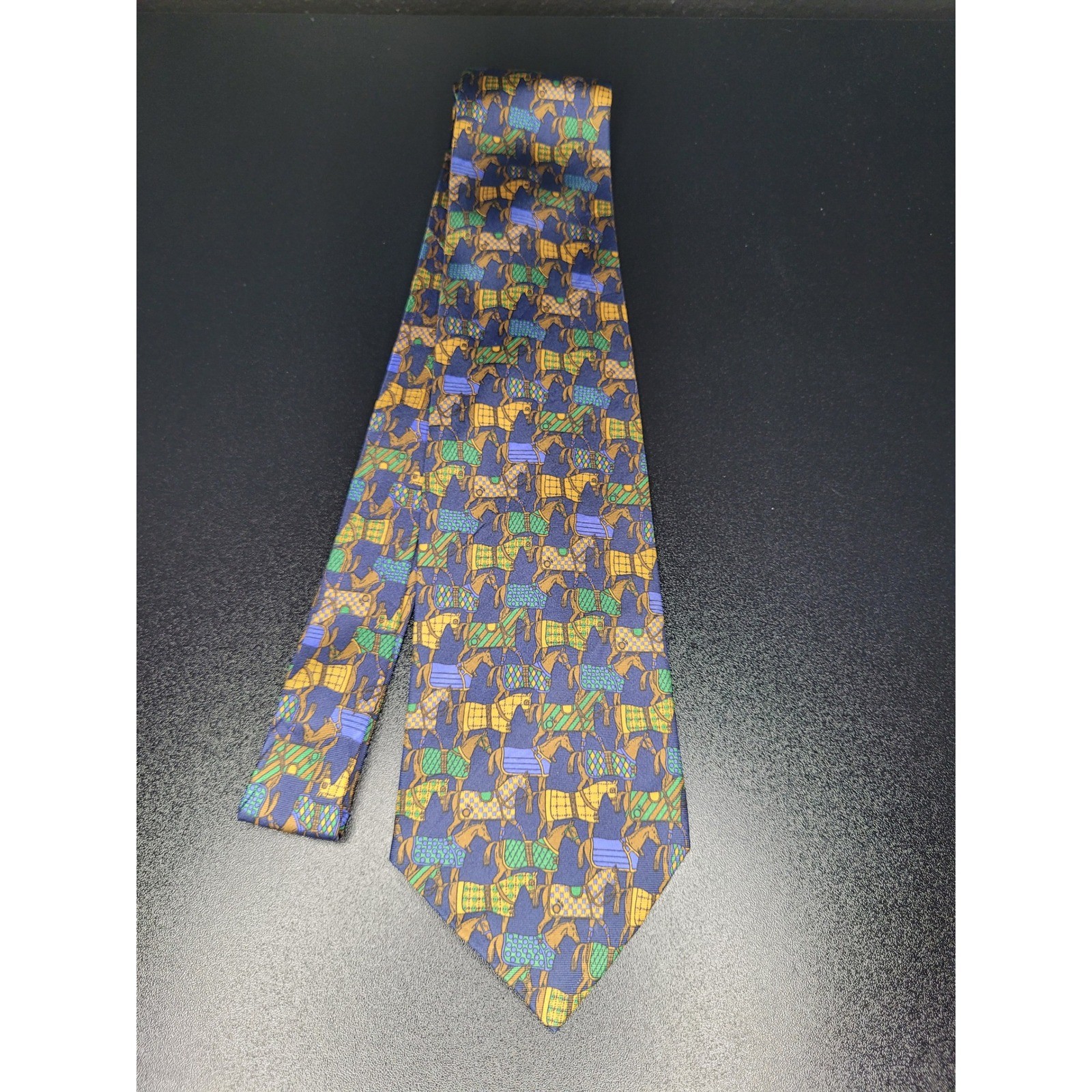 Lanvin Men’s Necktie Blue Equestrian Horse Silk 3.5″ x 57″ Excellent