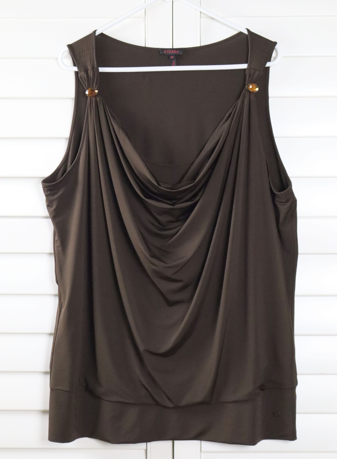 ESCADA Slinky Stretch Jewel Gem Embellished Draped Front Tank Top Size 46