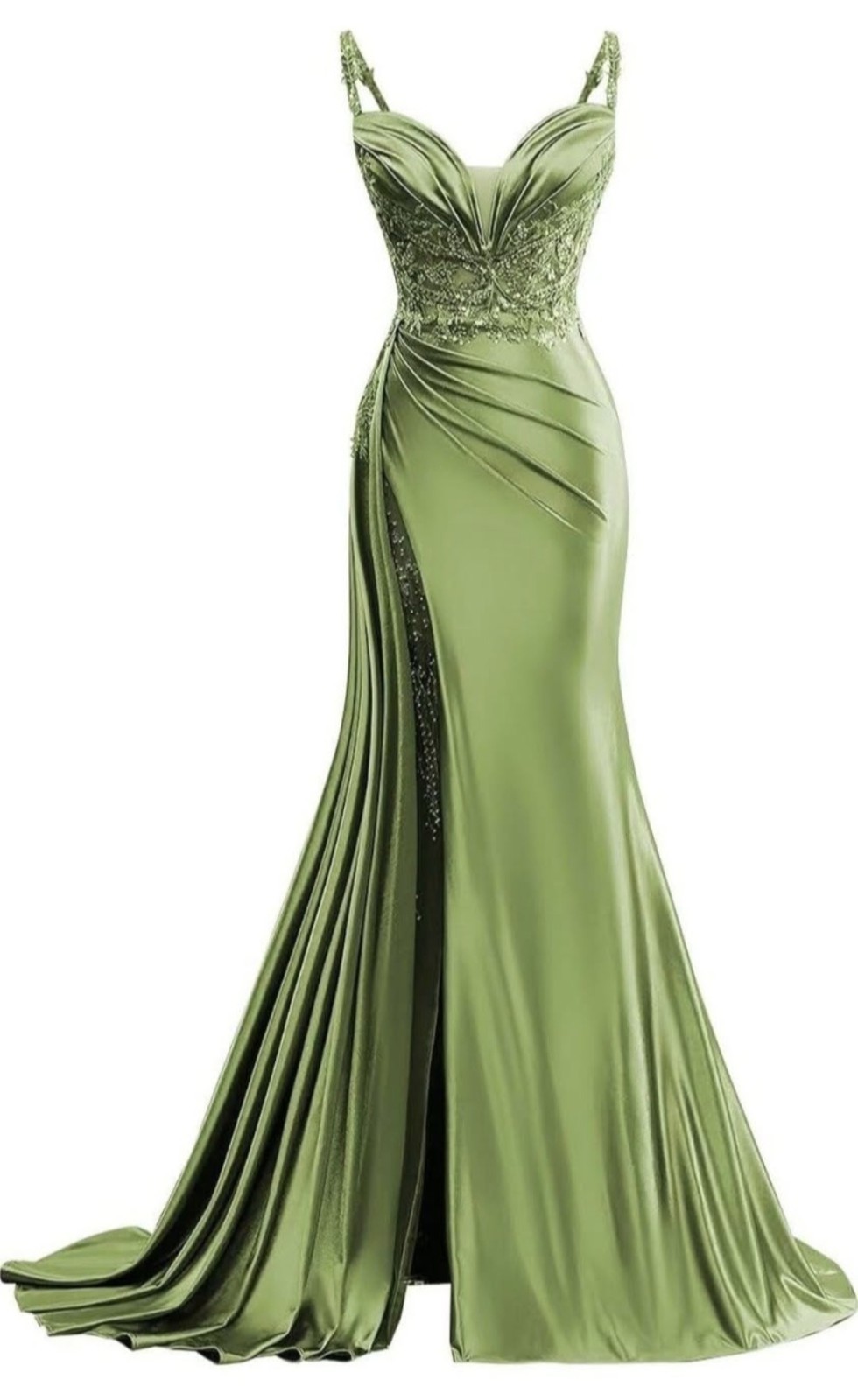 Women’s Green Mermaid Sweetheart Spaghetti Strap Beaded Pleated Slit Gown