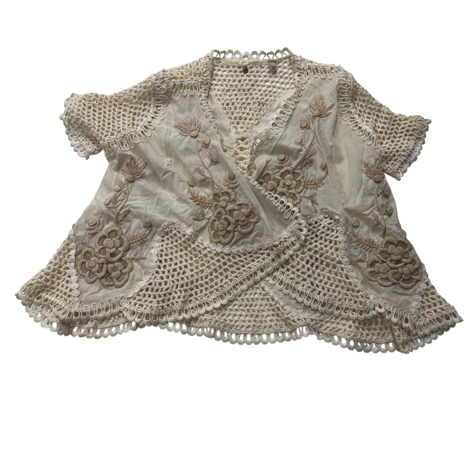 Knitted Dove Cream Floral Embroidered Crochet Lace Wrap Top