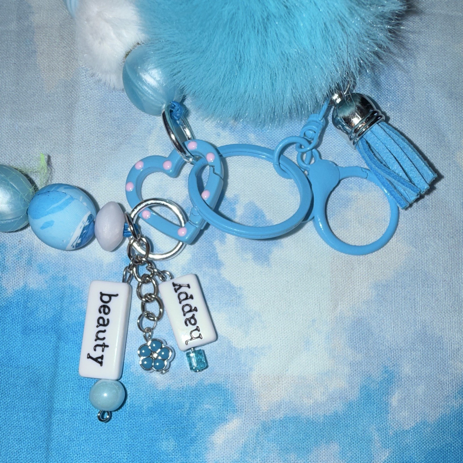 Blue Faux Fur Pom Pom Beaded Key Chain/Bag Charm w/Tassel & Detachable Clip
