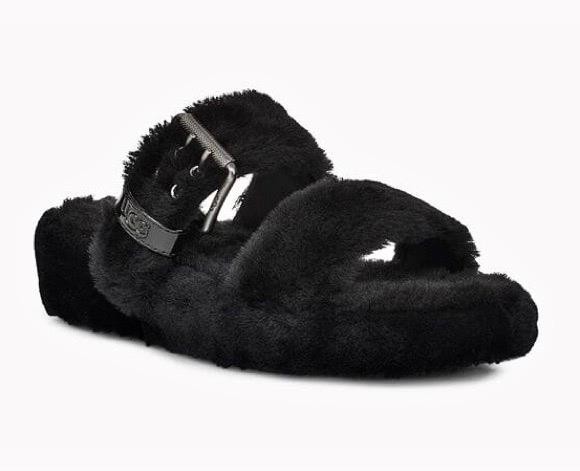 New NIB Ugg Fuzz Yeah Black Shearling Sheepskin Slipper Sandals Slides Women