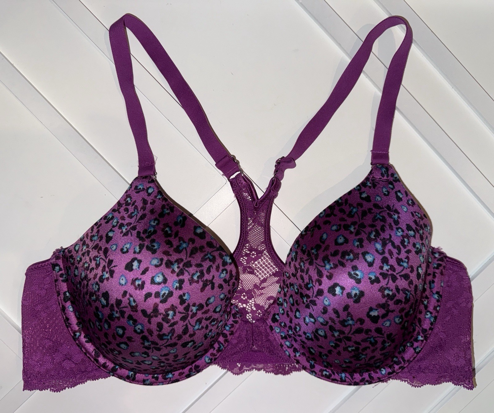 Maidenform Bra 36B Purple Floral Front Closure Racerback Adjustable Underwire