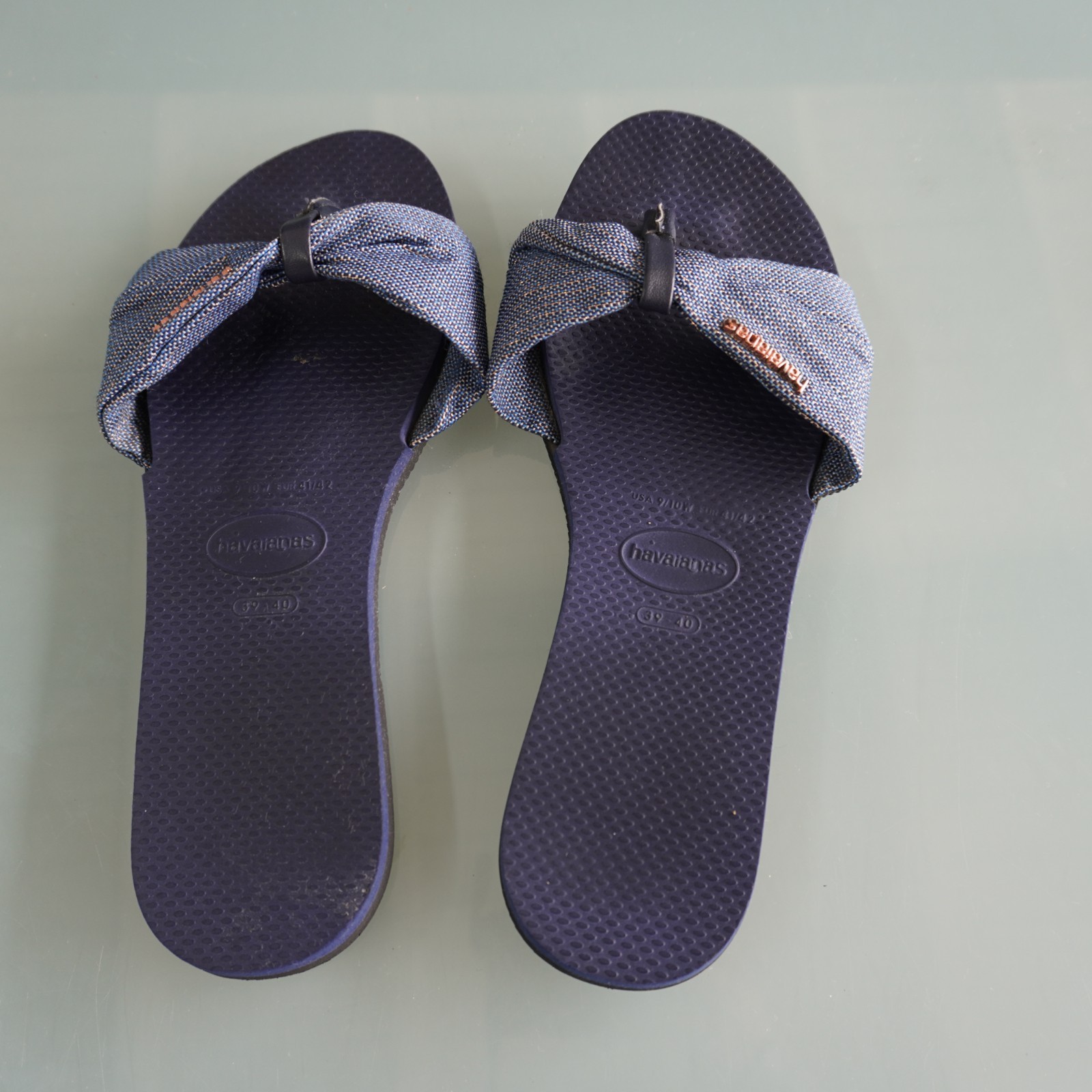 Havaianas You St Tropez Shine Sandals Womens 9 10 Navy Blue Fabric Bow Flip Flop