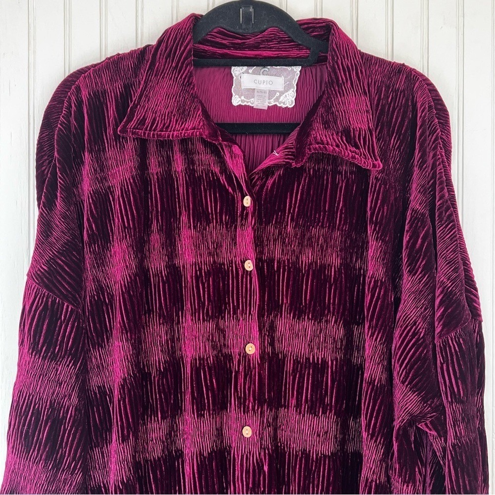 Cupio Burgundy Textured Velvety Velour XL Button-Up Shirt XL