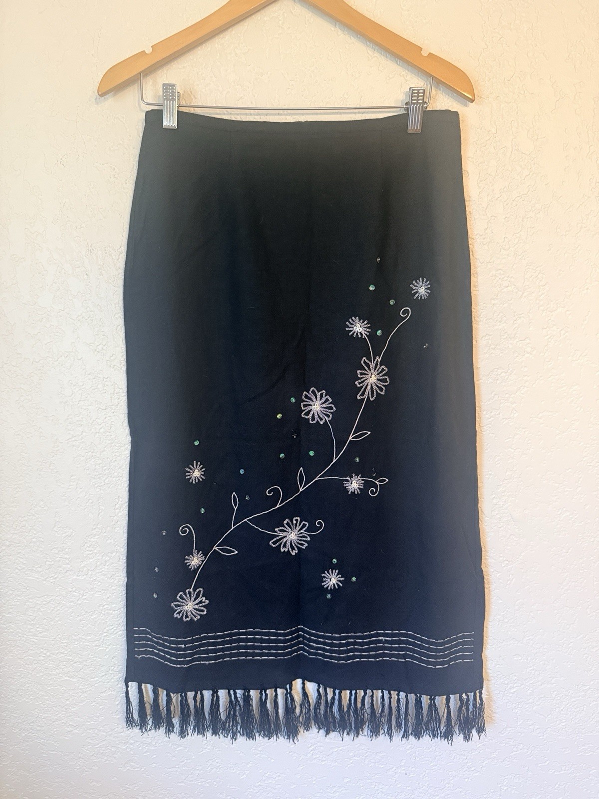 Vintage Requirements Linen Blend Black Embroidered NWOT Fringe Midi Skirt M