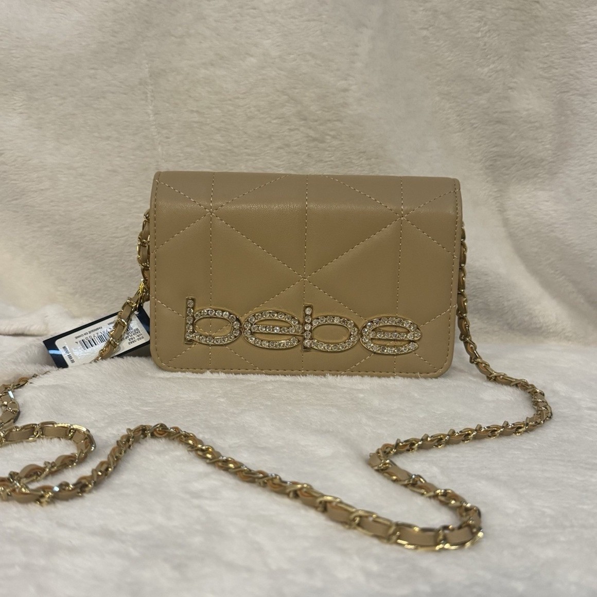 bebe Beige Quilted Logo Flap Crossbody Bag, Magnetic, Chain & Detach Strap