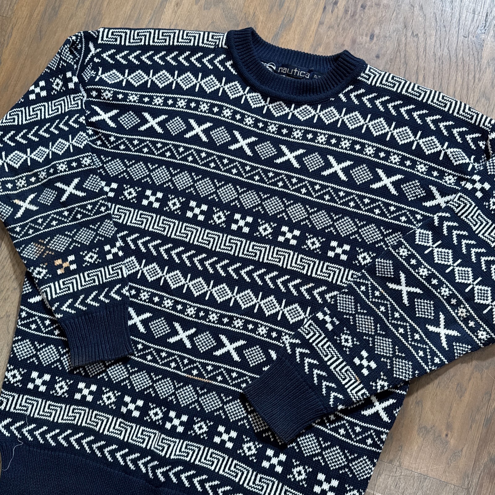 Vintage Nautica Sweater Mens XL Blue Fisherman Knit Navy Nautical Pullover 90s