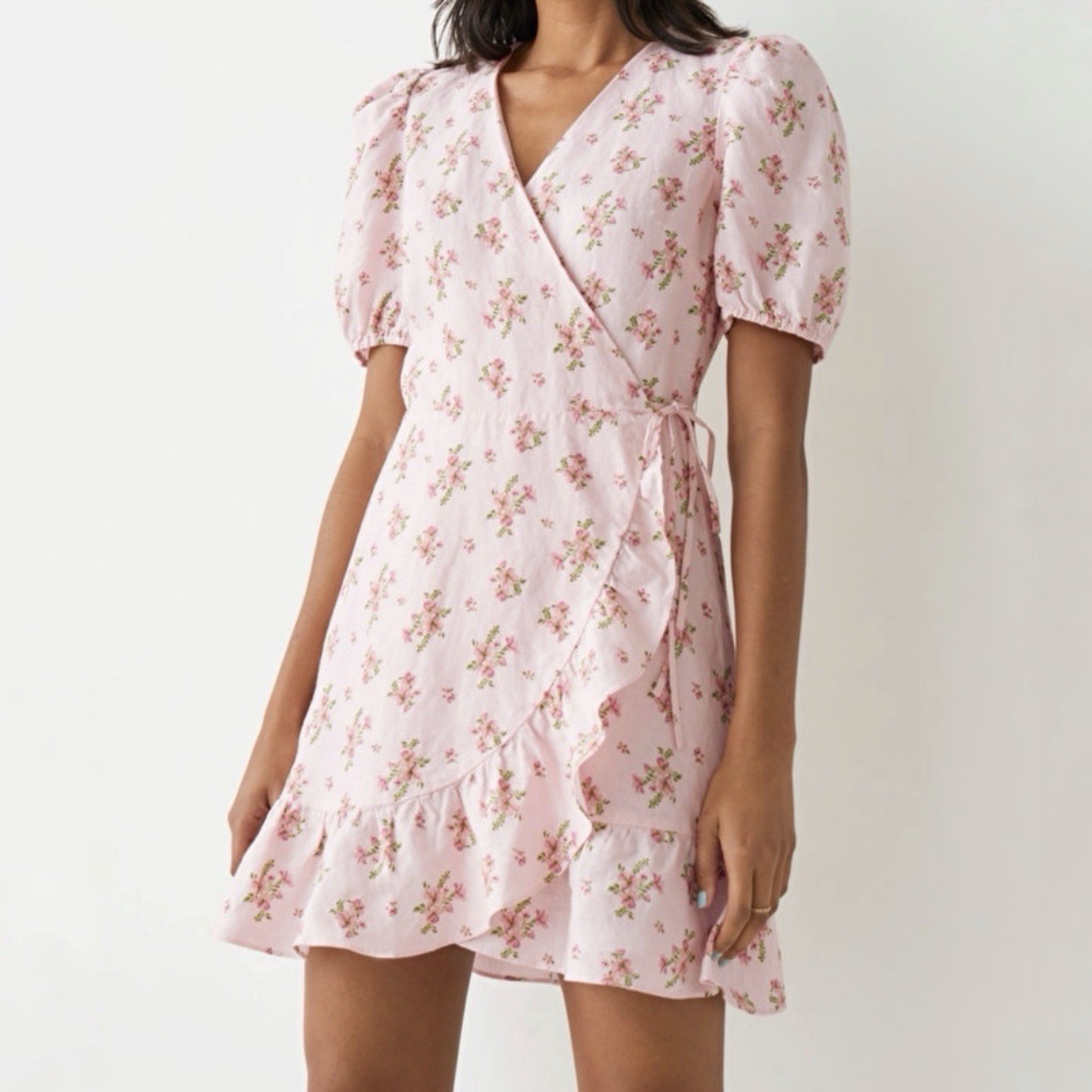 & Other Stories Linen Puff Sleeve Floral Wrap Mini Dress Women’s Size 6 Ruffles