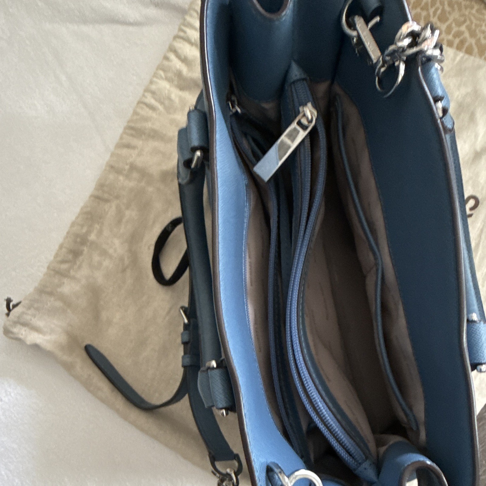 Michael Kors Blue Pebbled Satchel Top Handle Zip Detachable Chain Strap Dust Bag