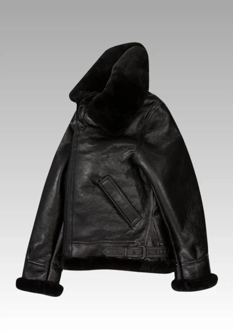 Sheepskin B-3 Leather Jacket, Authentic Black Nappa Leather Aviator Bomber Coat