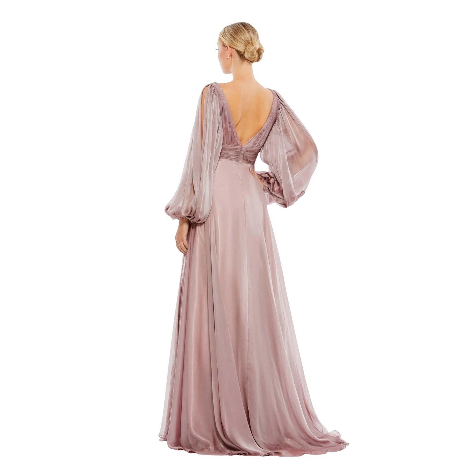 Mac Duggal 67414 Mocha Chiffon Gown Cutaway Sleeve Beaded Cuff Size 8 $598