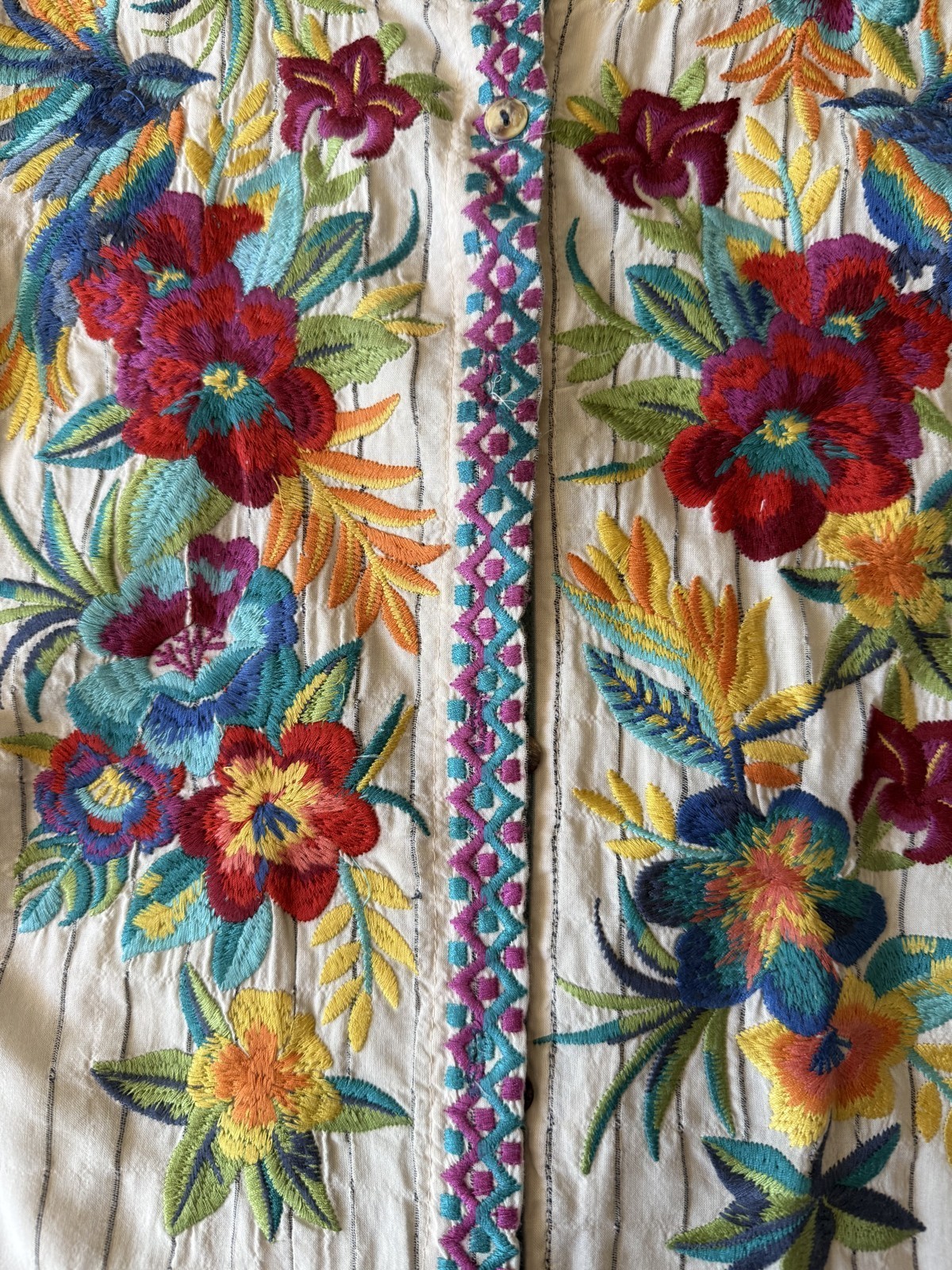 Johnny Was Workshop Ivory Pinstripe Cotton Embroidered Floral Blouse Sz S