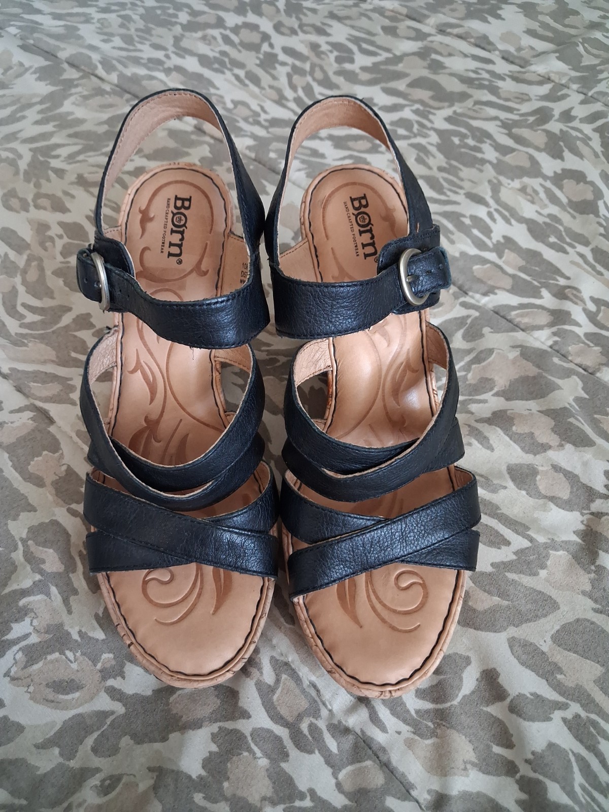 Born Black Leather Cork Wedge Sandals Women’s Size 10