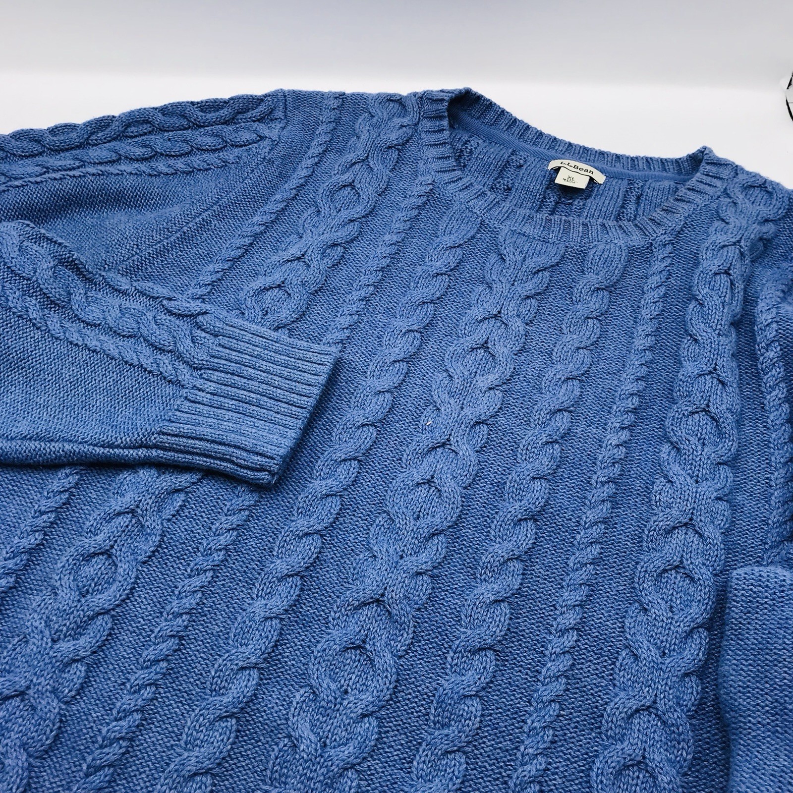 LL Bean Women’s Cable Knit Sweater Blue Fisherman Cotton Size XL