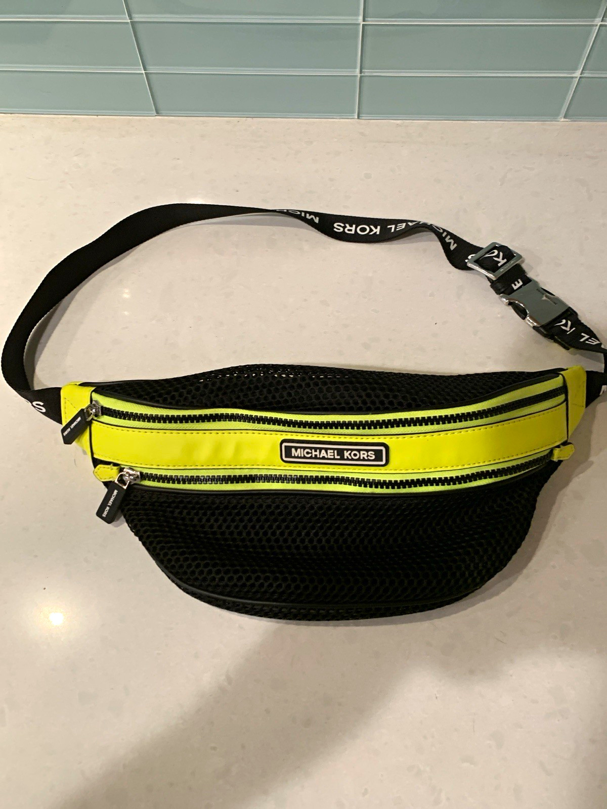 Michael Kors Black Neon Yellow Zip Belt Bag Fanny Pack Crossbody Adjust Strap