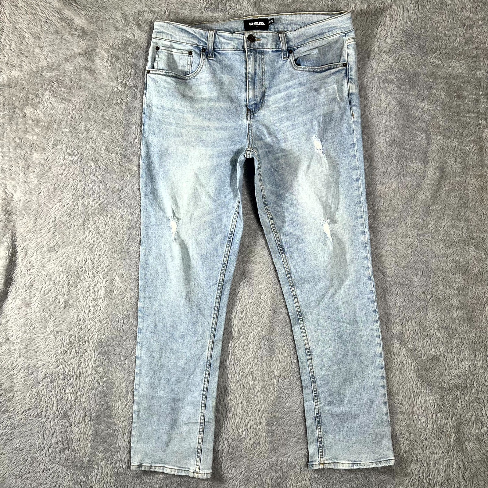 RSQ Jeans Mens 34X32 Blue Denim Cotton Stretch Distressed Slim Fit Straight Leg