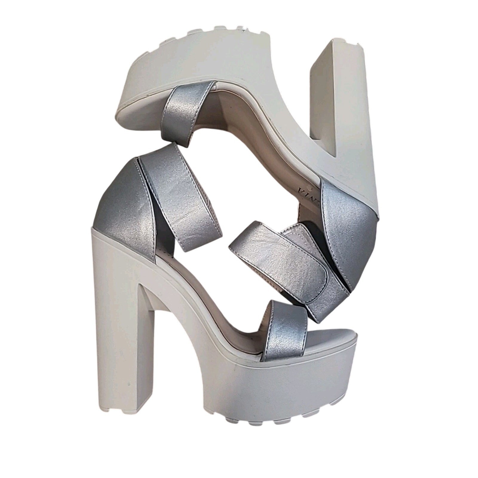 Platform Cleated High Heel Sandals Silver White Size 37 EUC