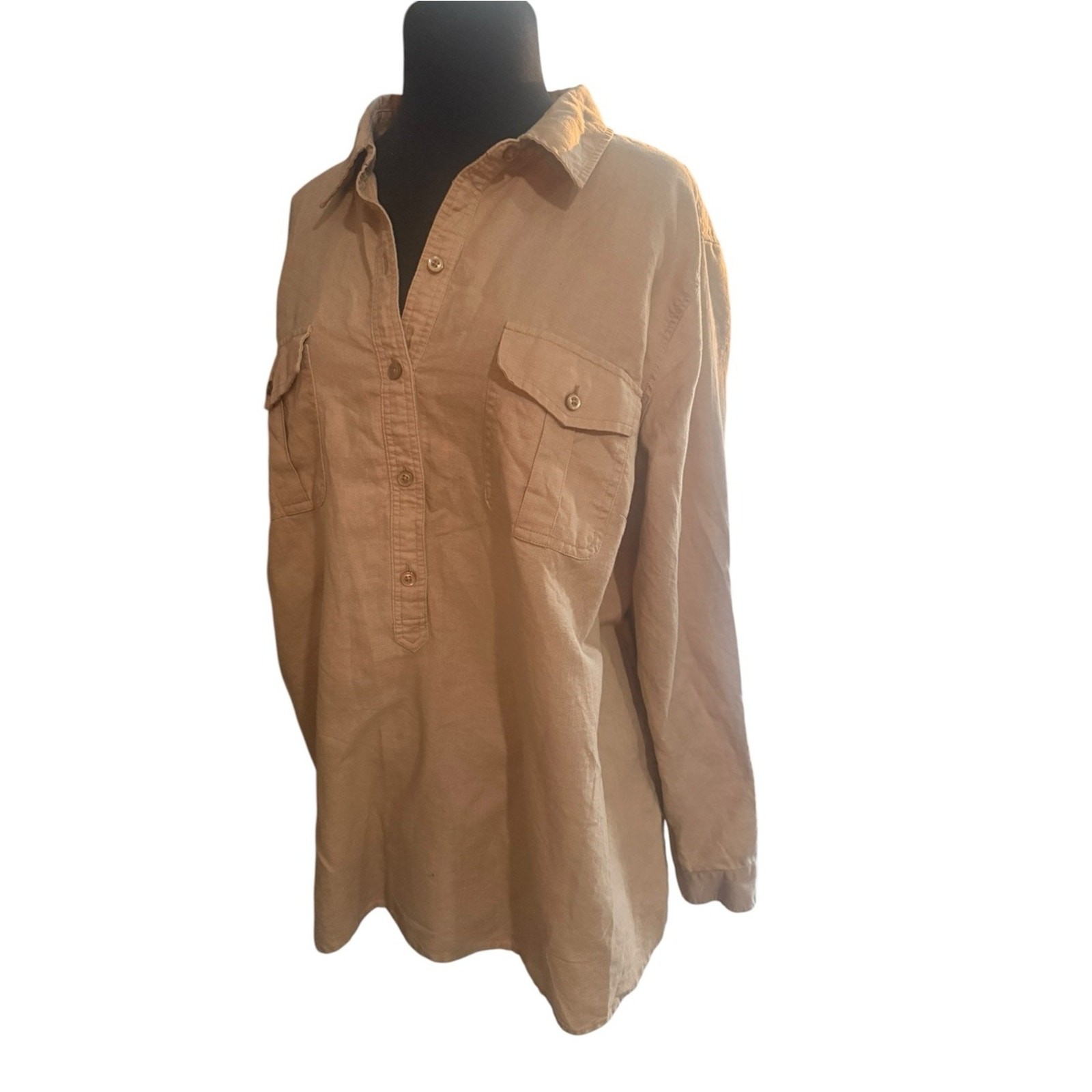 Talbots Woman 2X Linen Blend Safari Utility Tunic Popover Shirt Pockets Coastal