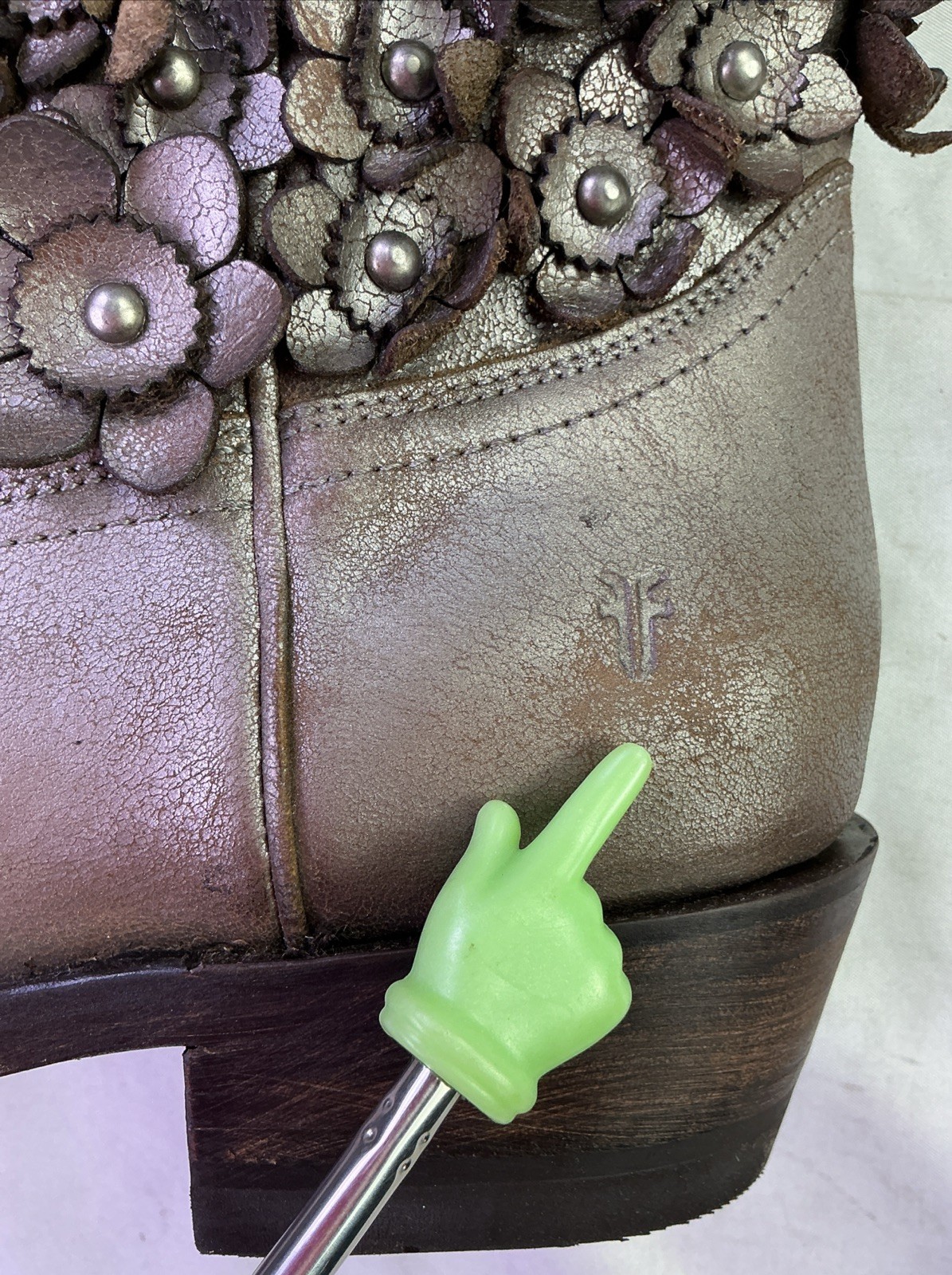 Frye Women’s Billy Flower Leather Booties-Metallic Stone/3D Flowers-Size: 8.5 B