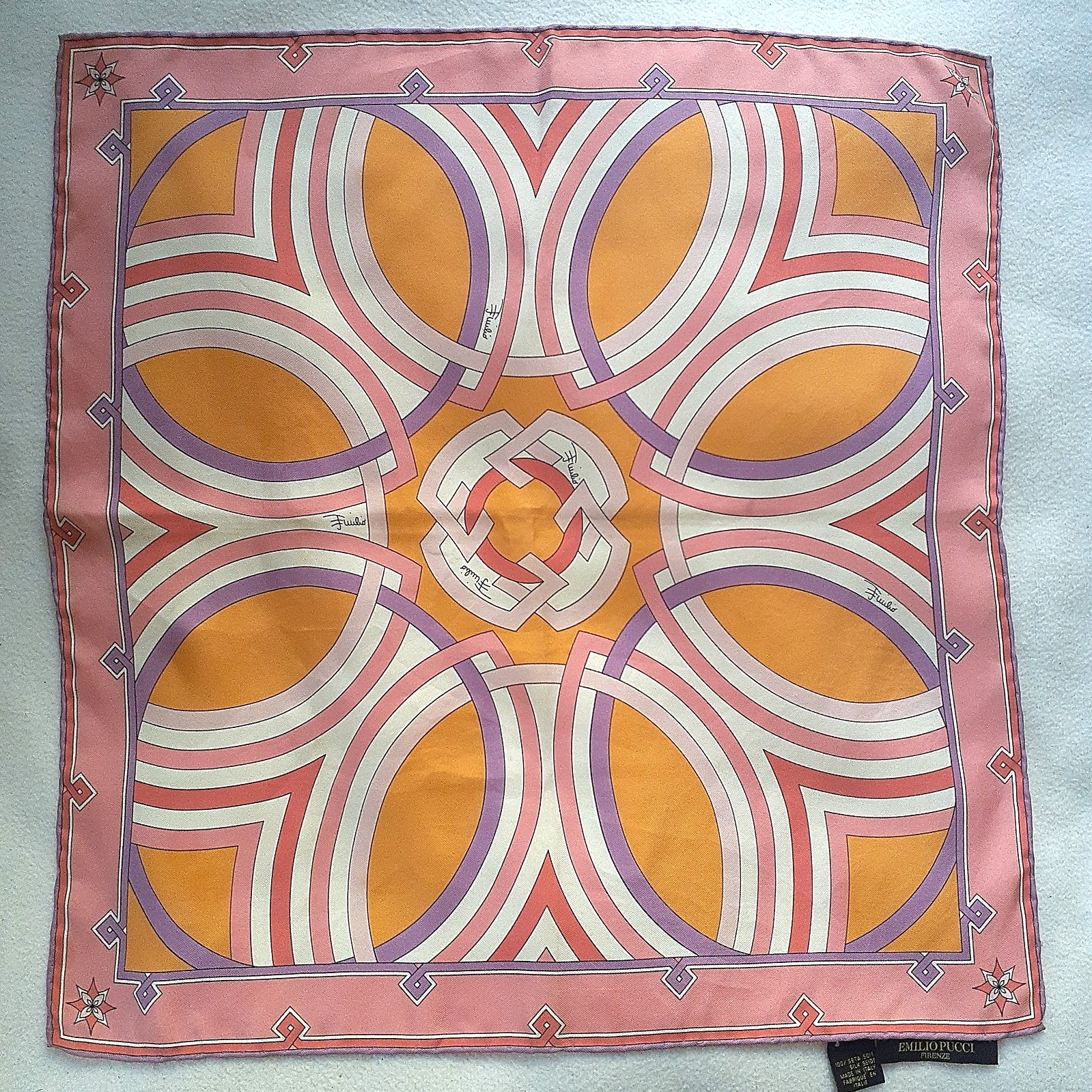 Emilio Pucci Silk Pocket Chief Mini Scarf Pink Orange Geometric Flower 40×41cm