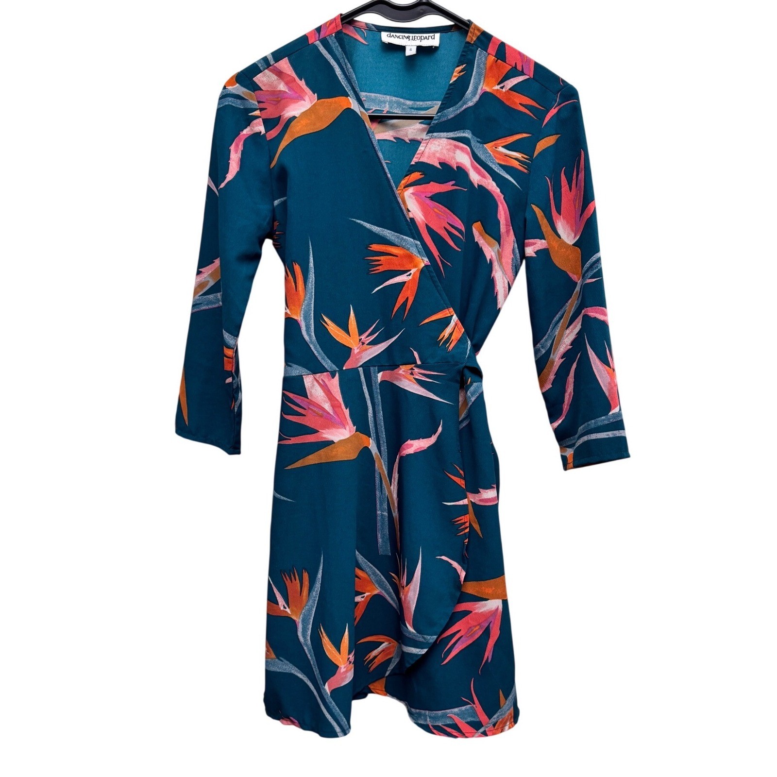 Dancing Leopard Wrap Tie Dress Bird Floral Teal Size 6 Tropical Mini Resort Wear