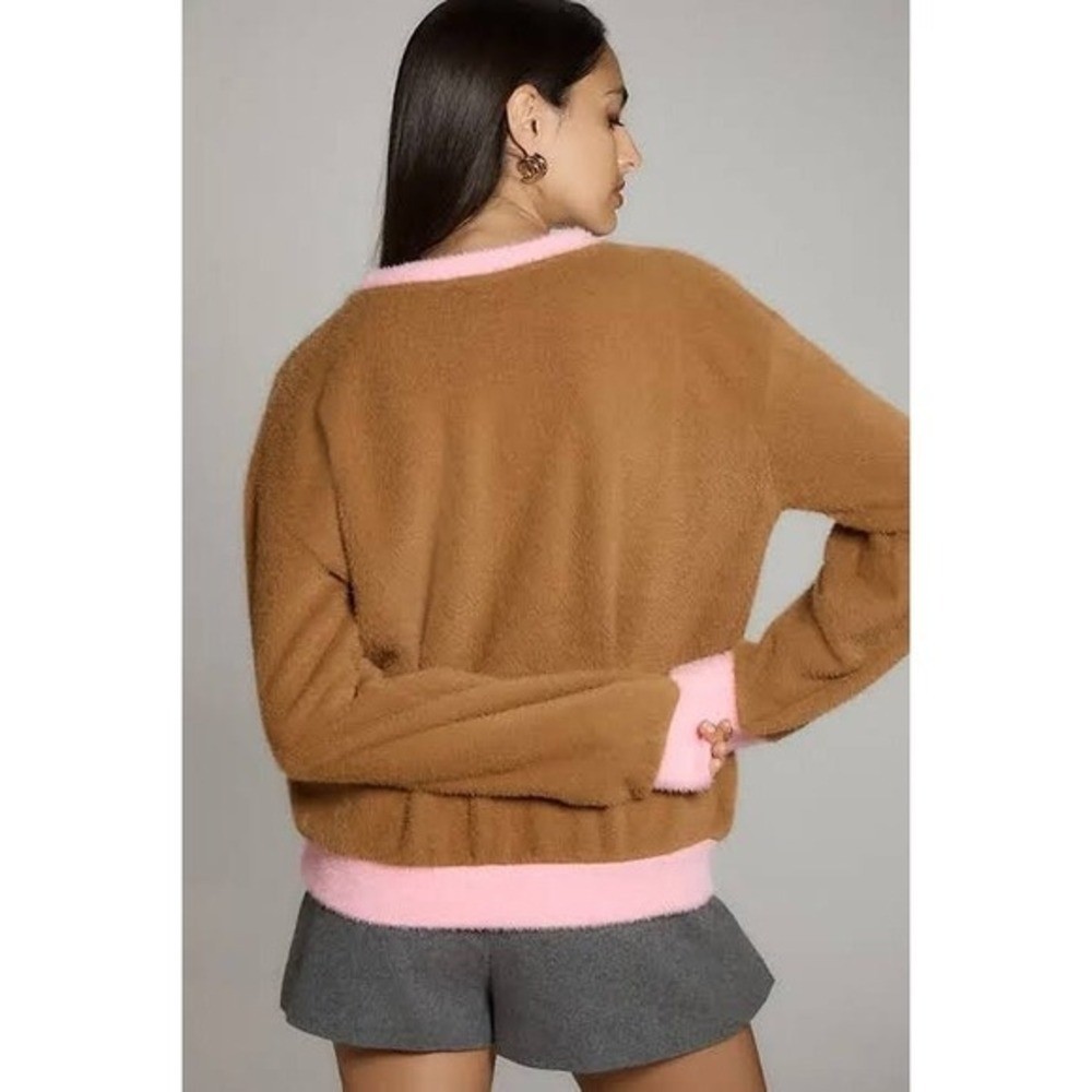 Maeve Anthropologie Brown Pink Eyelash Knit Fuzzy Colorblock Sweater Small NWOT