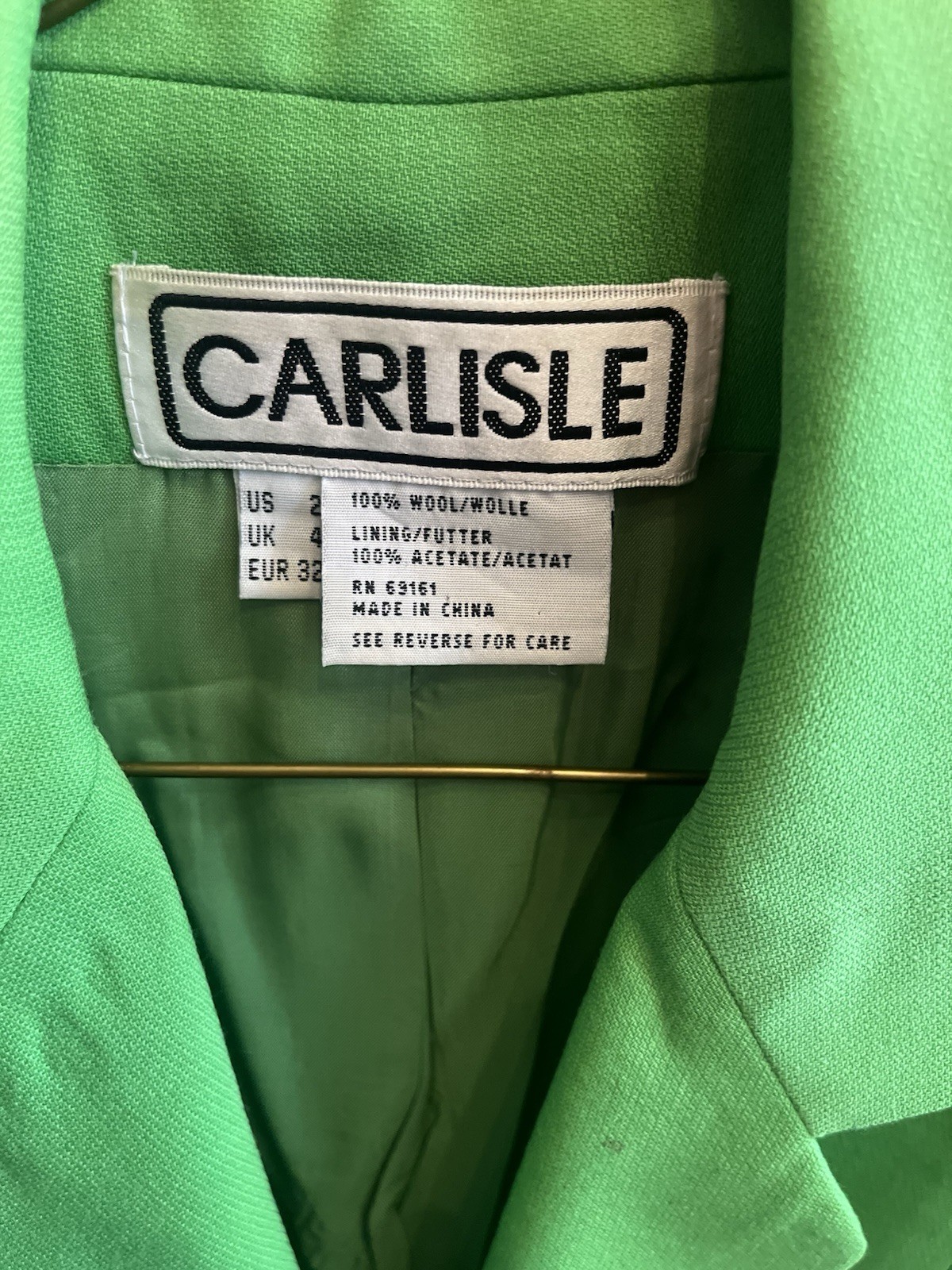 Vtg CARLISLE Apple Lime Green 100% Wool Blazer Jacket Size 2