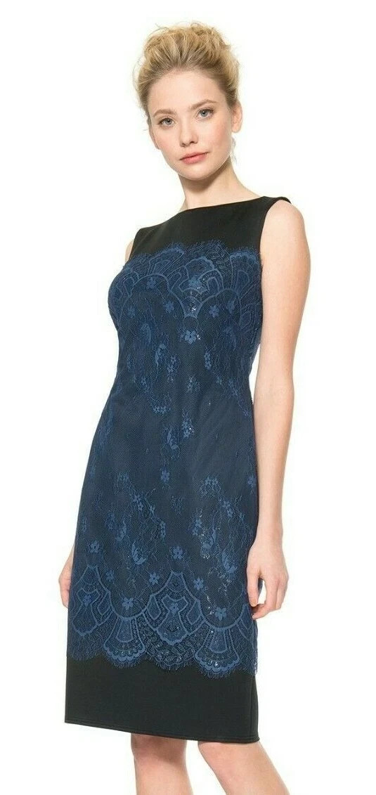 Tadashi Shoji Neoprene Navy Blue Black Metallic Lace Overlay Sheath Dress 8