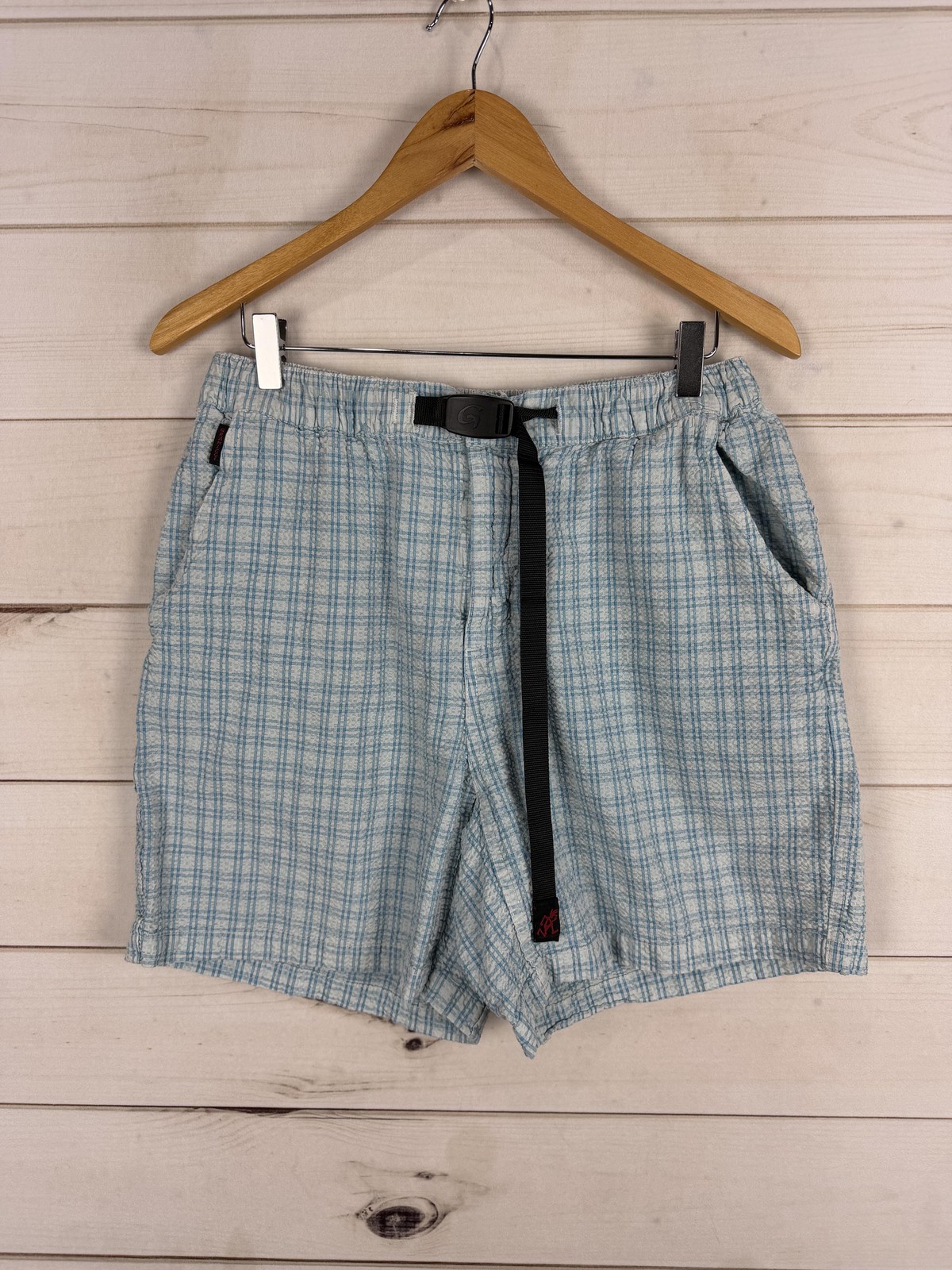 Vintage Gramicci Shorts Womens XL Blue Check Elastic Waist Belted Hiking USA