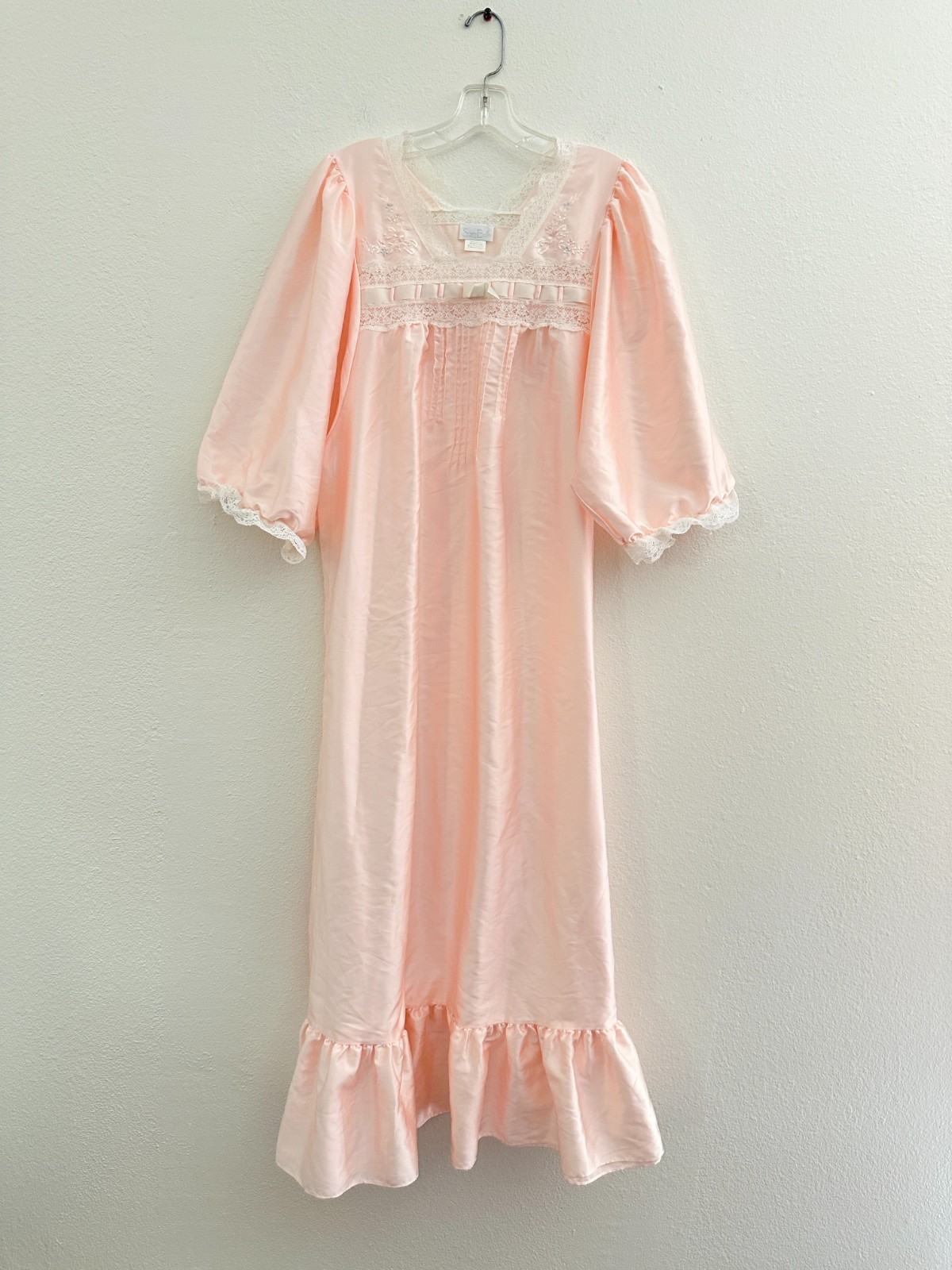 Vintage Sara Beth Nightgown Baby Pink Lace Peplum Puff Sleeve Women’s Medium