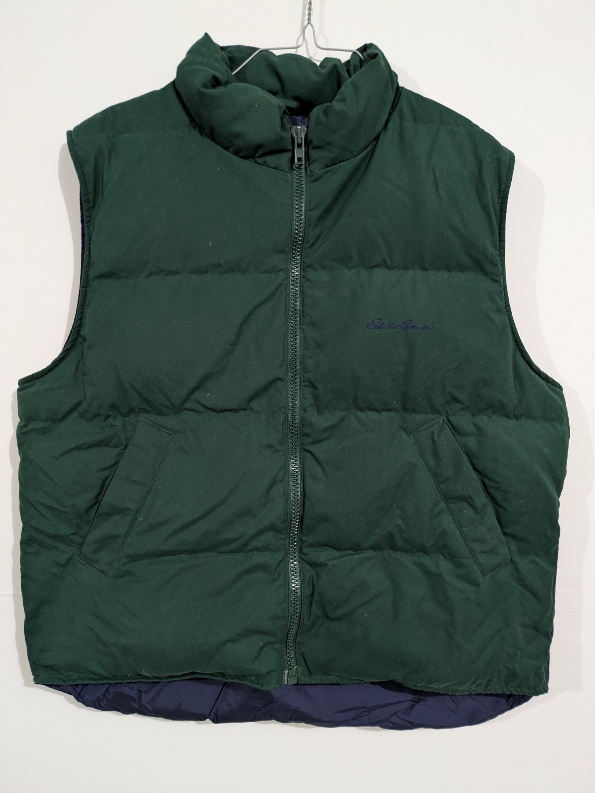 Eddie Bauer Men’s Green Down Puffer Vest M Full Zip Pockets Stand-Up Collar