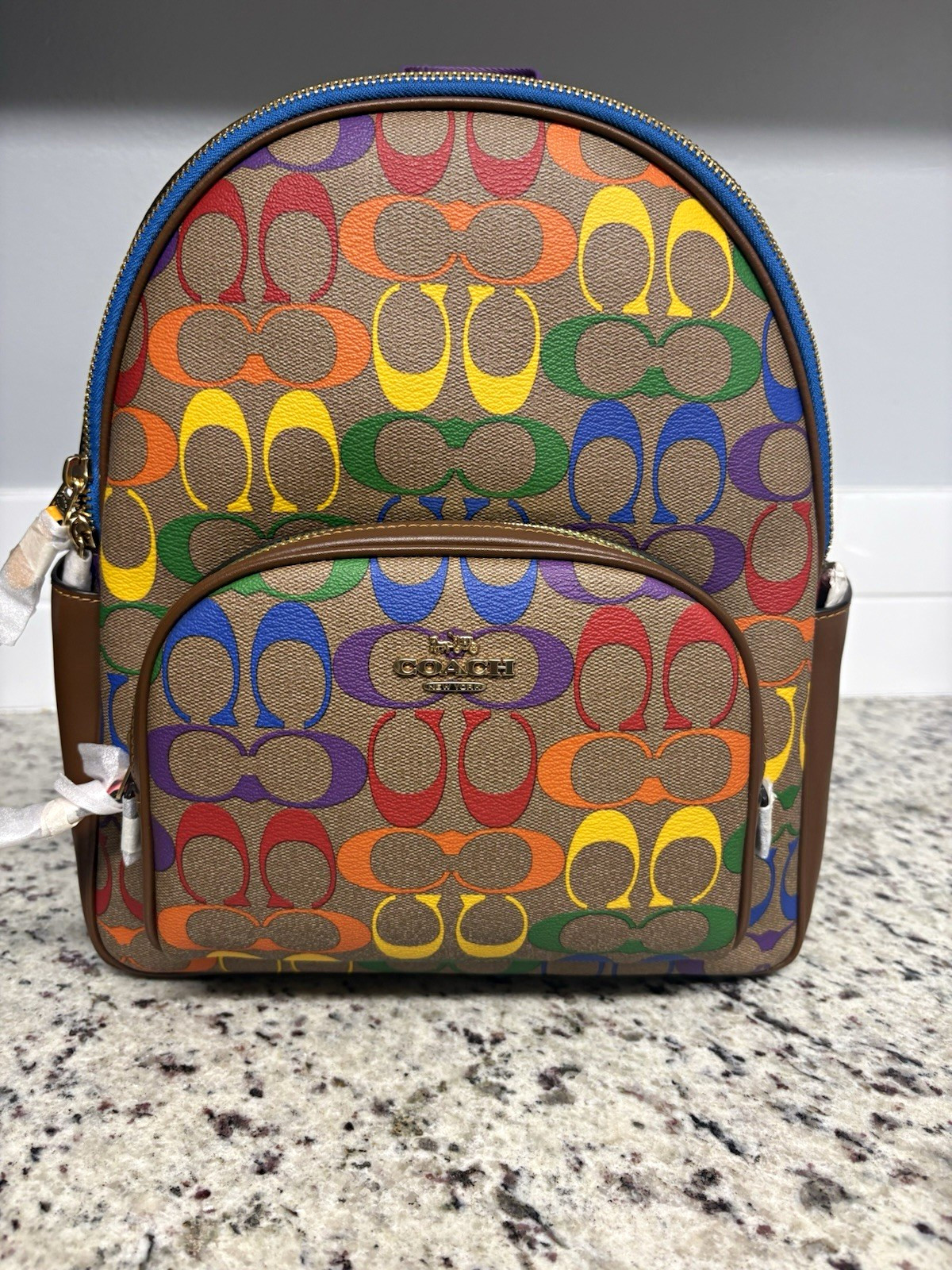 Coach Signature C Rainbow Khaki Multi Zip Backpack w/ Bag Charm, Gold Hardware