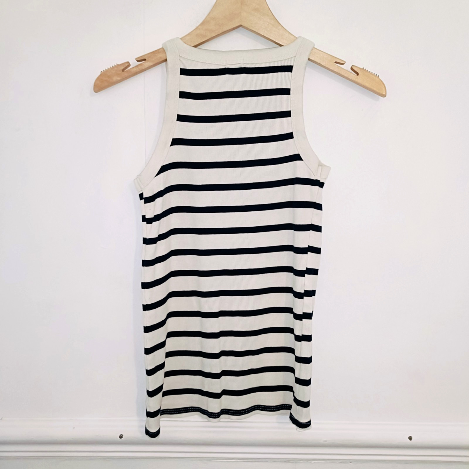 In Other Words Womens Top White Size UK 6 Striped Tank 100% Cotton Ribbed Black