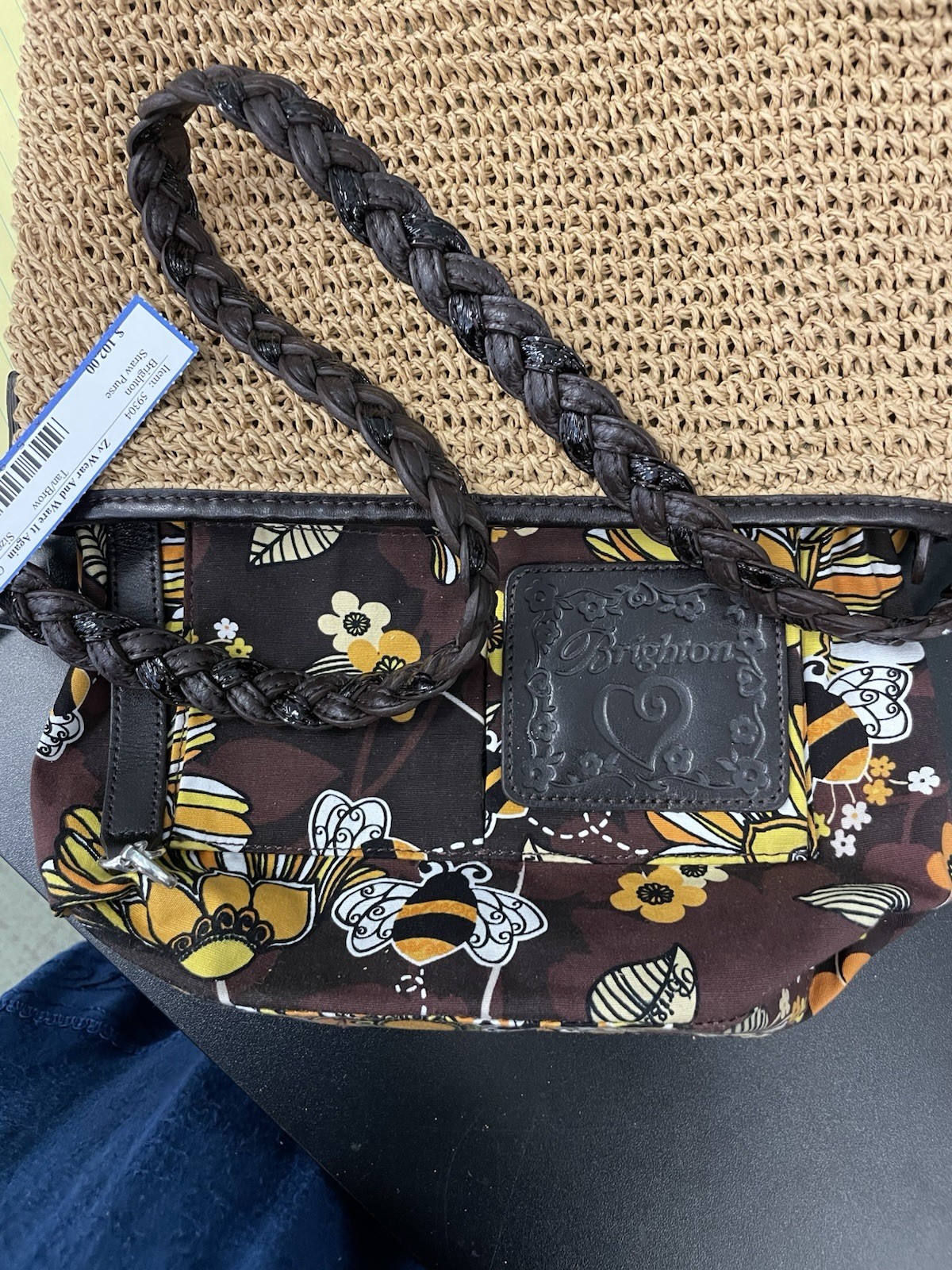 Brighton Tan/Black Woven Straw Look Shoulder Bag Turn Lock Braided Heart Charm